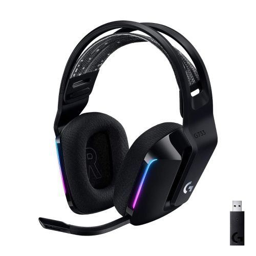 Logitech G733 Lightspeed Wireless Gaming Headset with Suspension Over Ear Headband, LIGHTSYNC RGB, Blue VO!CE mic Technology and PRO-G Audio Drivers - Black 
